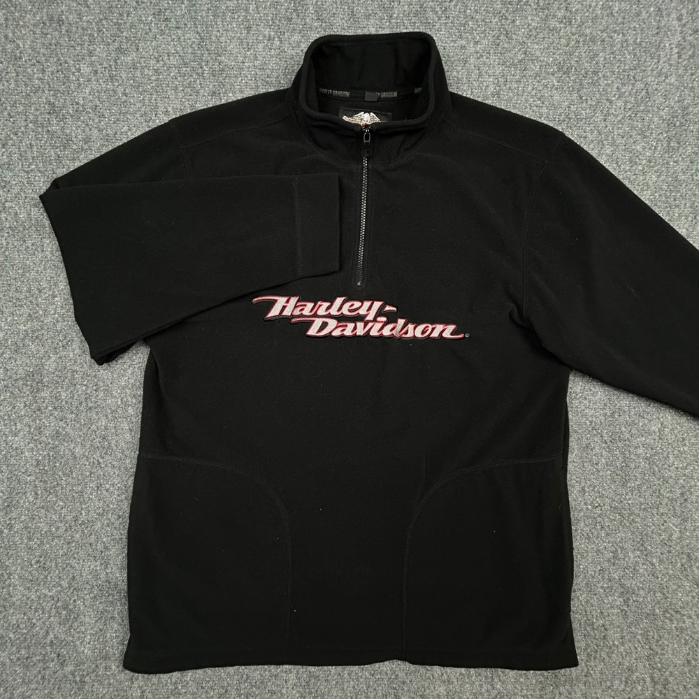 Harley Davidson Fleece Pullover Mens L Black 1/4 Zip Embroidered Biker Y2K